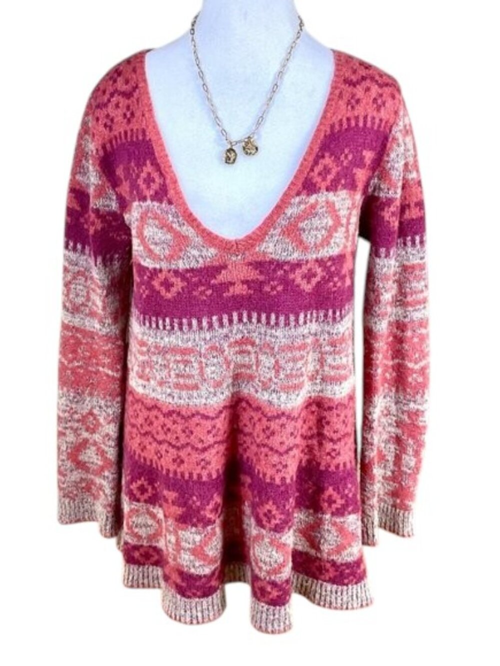 Free People Sweater Fair Isle Wool Blend V-Neck Red Pink (S)